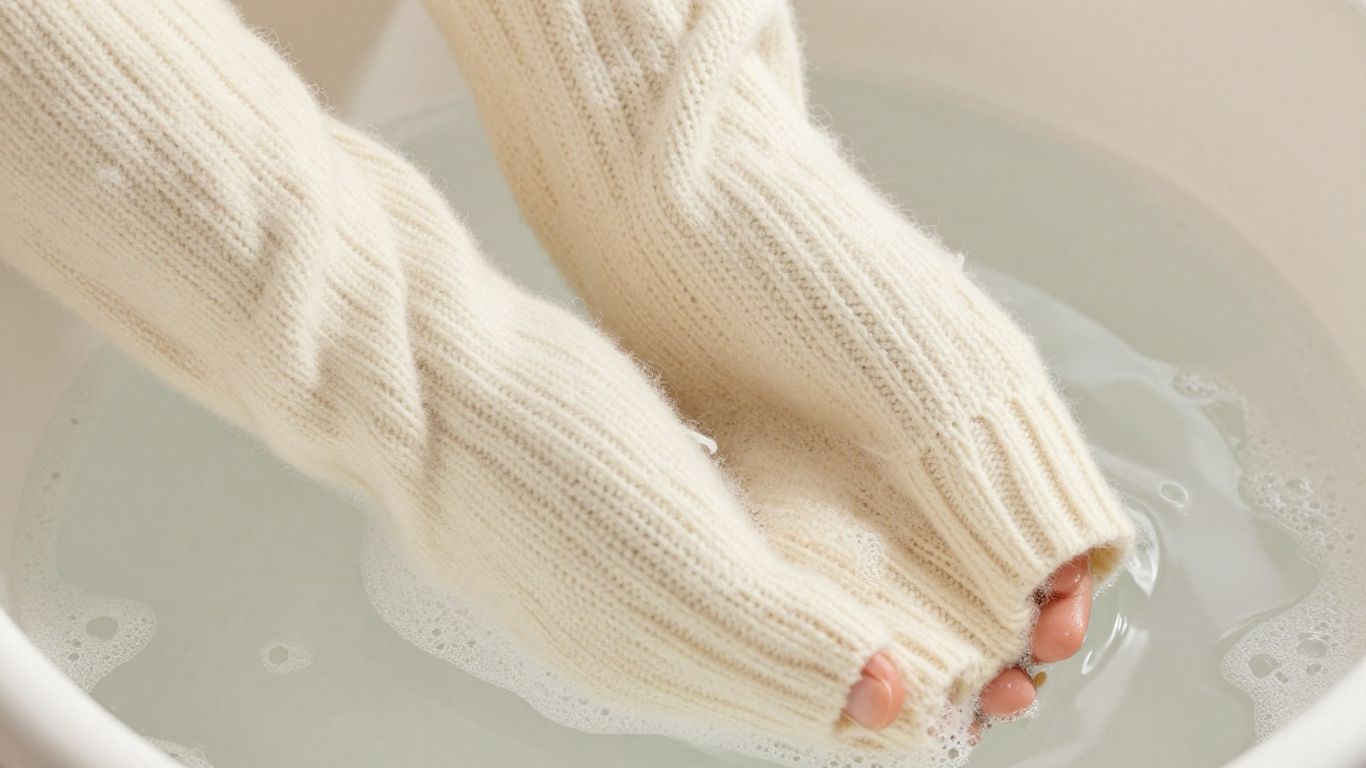Hand washing a cozy winter sweater in soapy water.