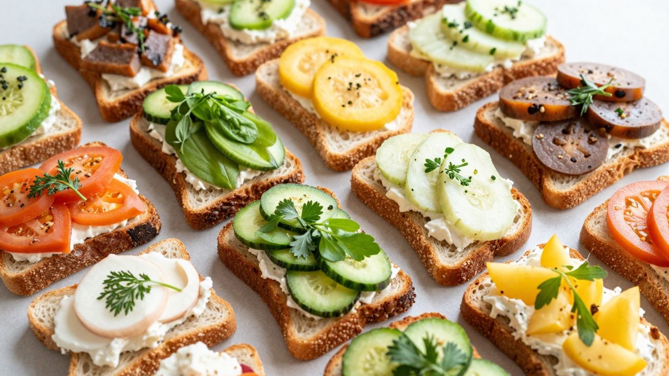 Assortment of colorful open-faced sandwiches on a table.