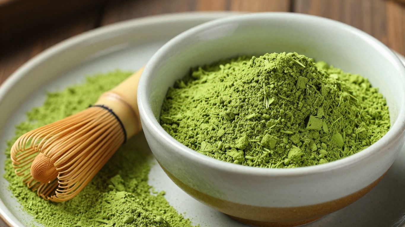 Bowl of vibrant green matcha powder with a bamboo whisk.