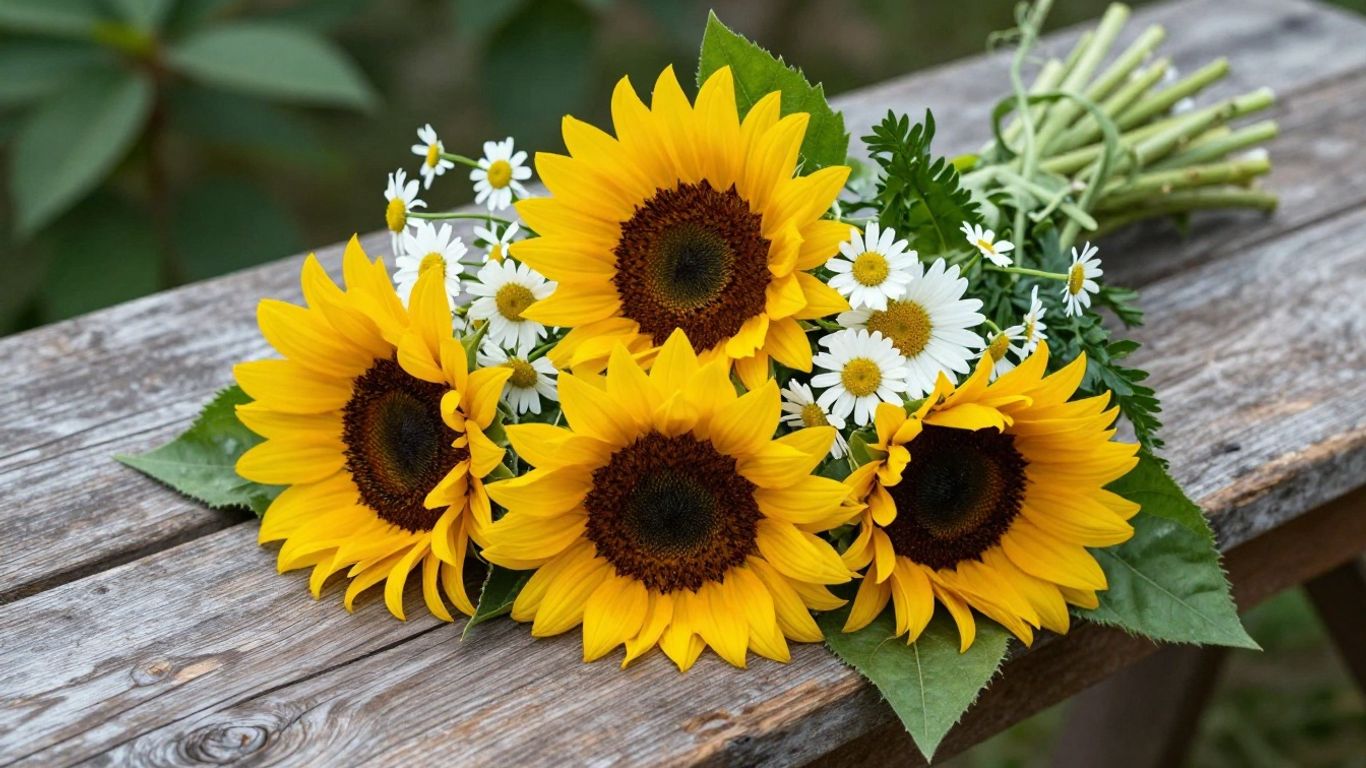 Floral bouquet on wooden table