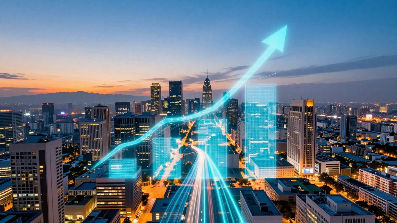Digital marketing success with glowing pathways and upward momentum.