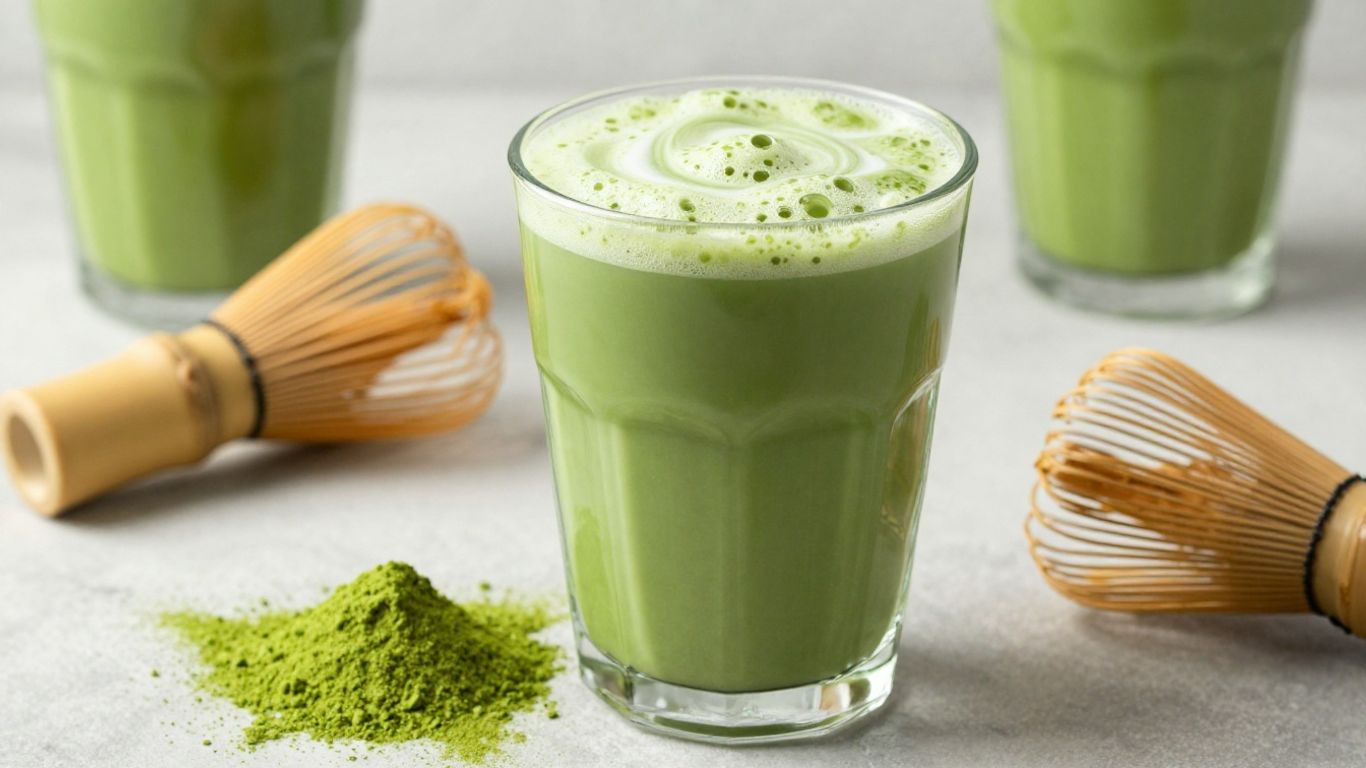 Dunkin's matcha latte with matcha powder and whisk.