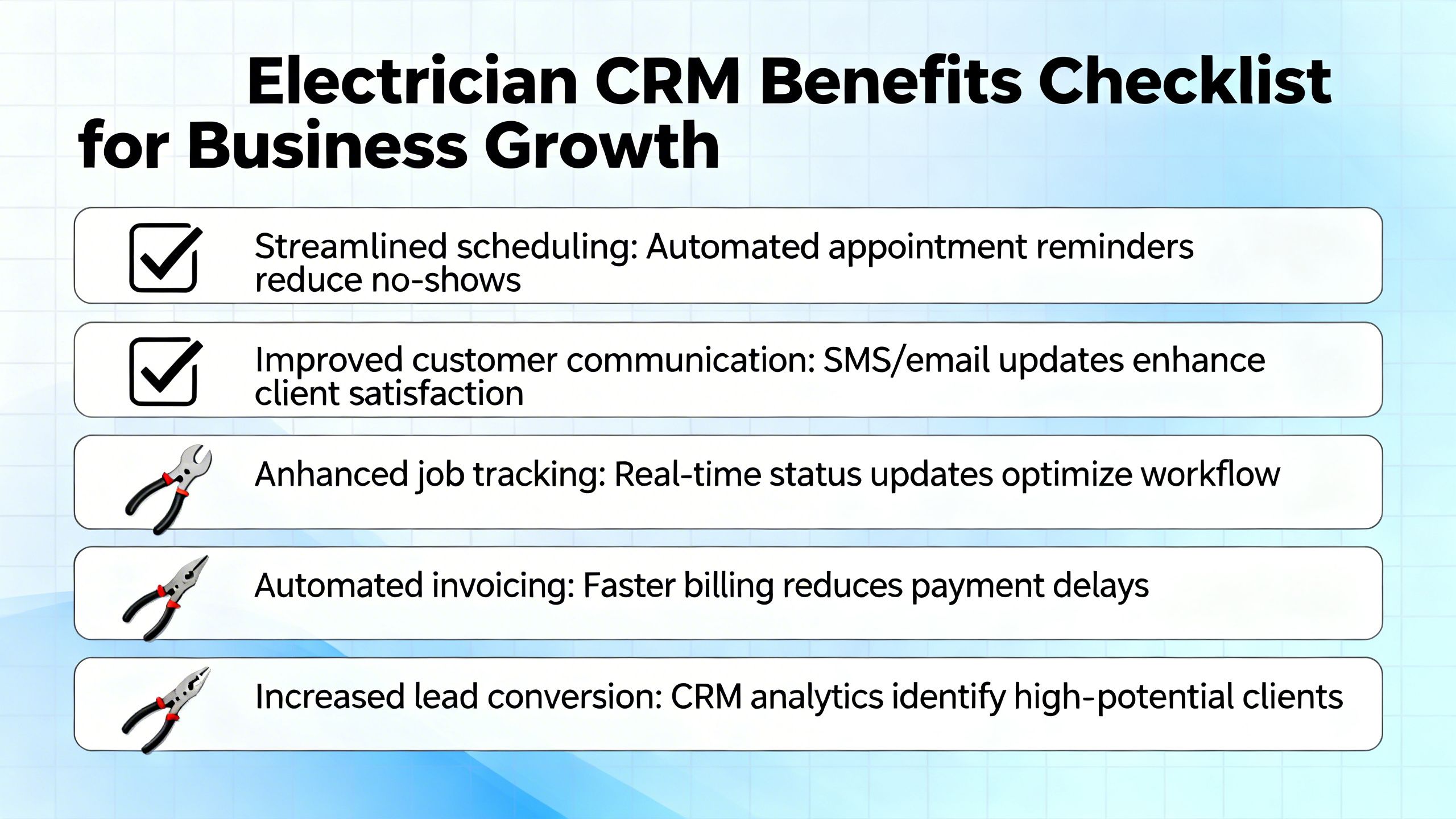 A checklist graphic illustrating the benefits of an electrician crm for business growth