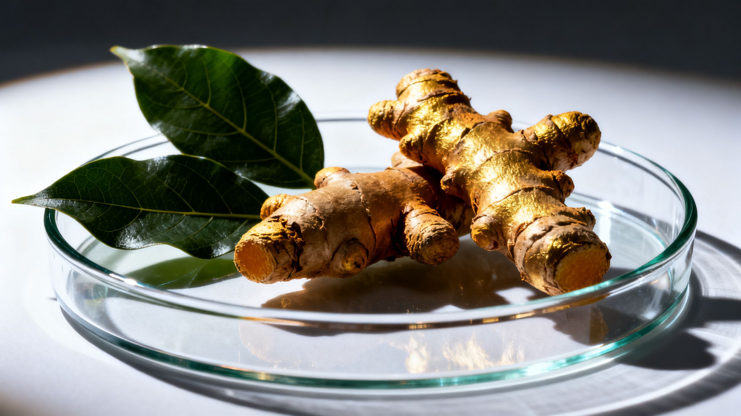Gros plan sur une racine de curcuma et des feuilles de boswellia sur une plaque de verre de laboratoire, éclairage dramatique et scientifique.