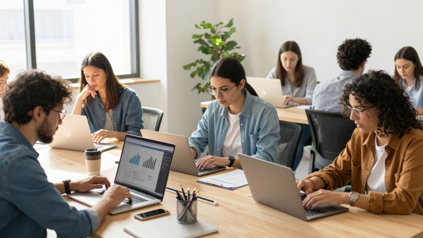 Personnes travaillant sur des appareils numériques dans un bureau moderne.