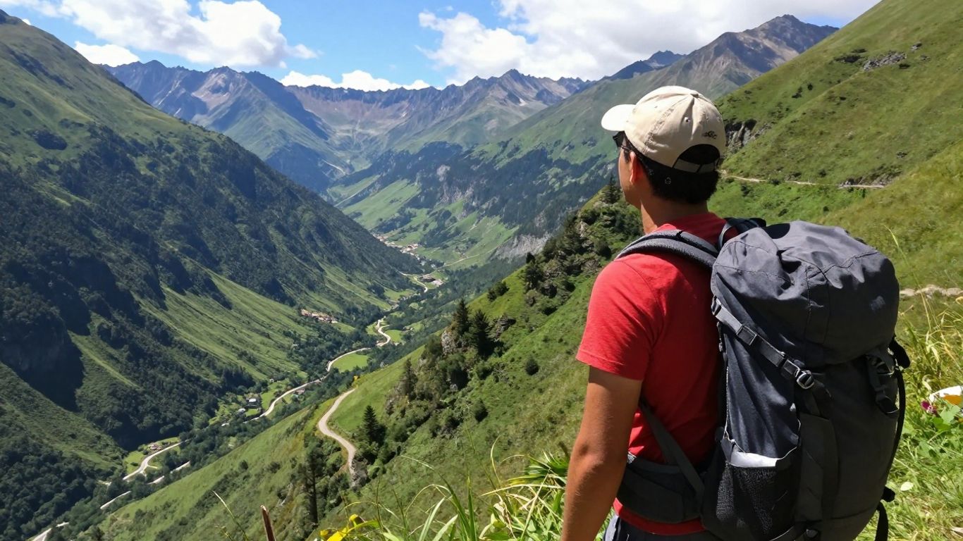 Backpacker overlooking a scenic mountain landscape