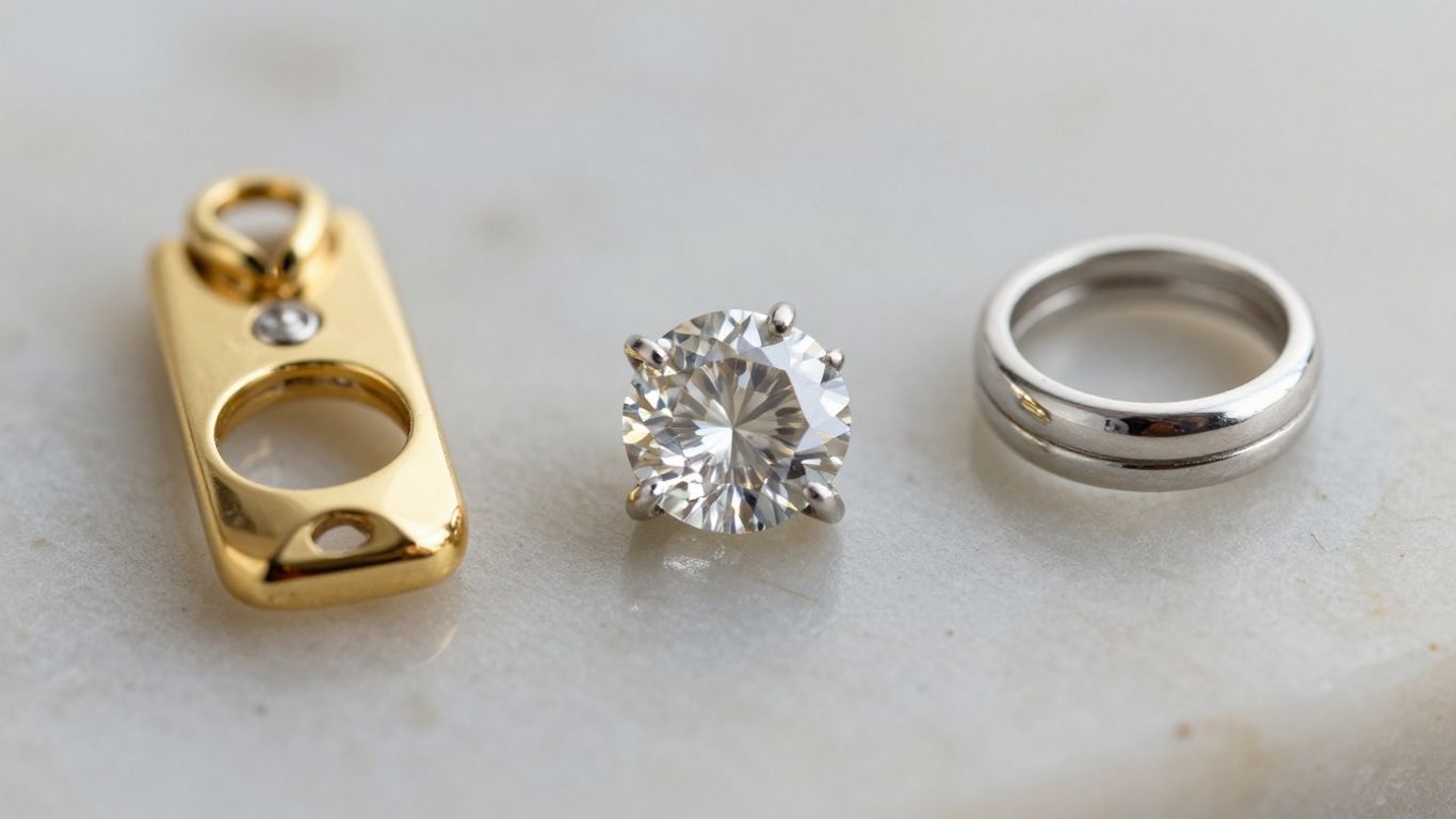 Close view of diamond settings and metal tones