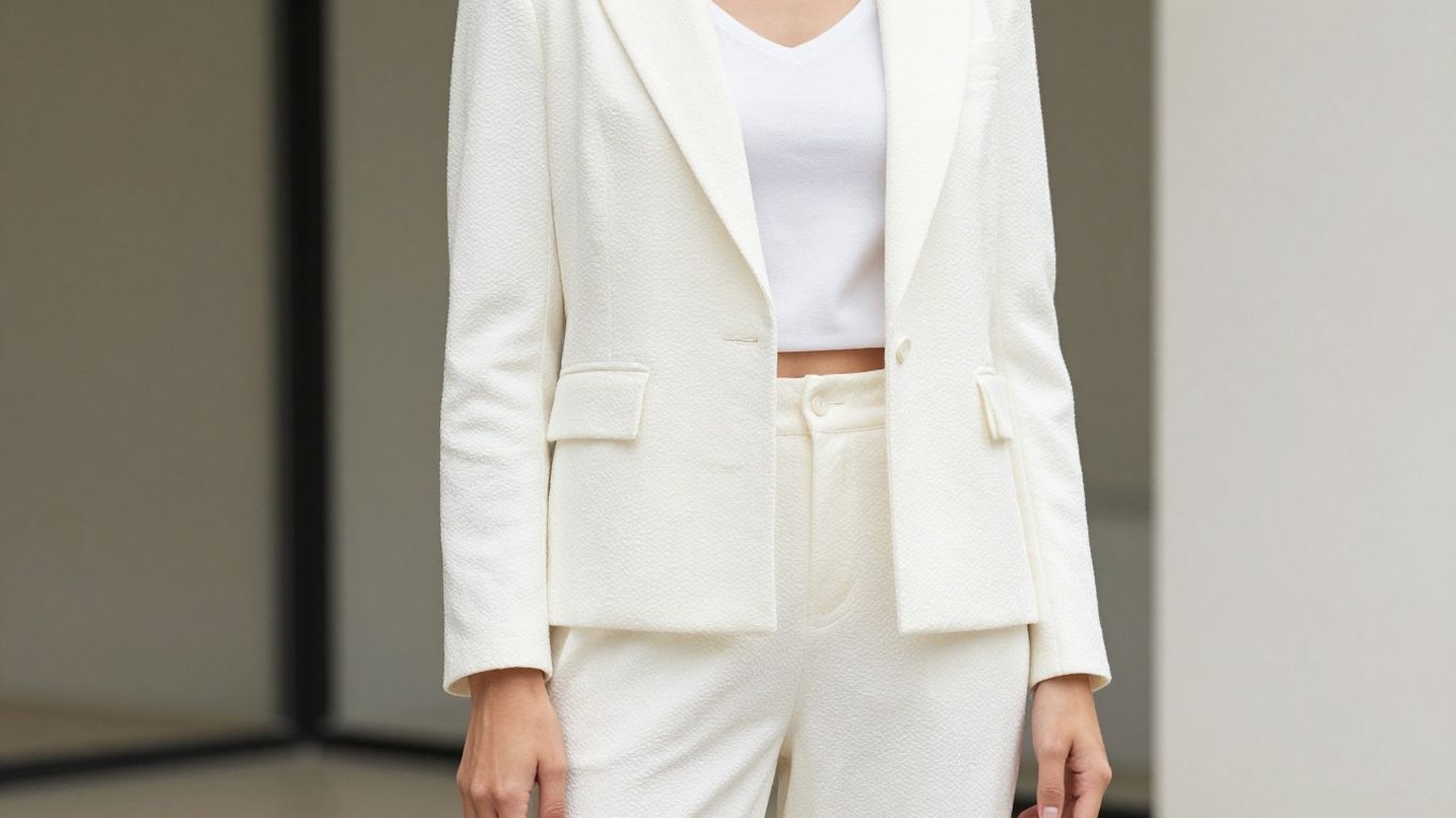 Woman in a chic white two-piece outfit.