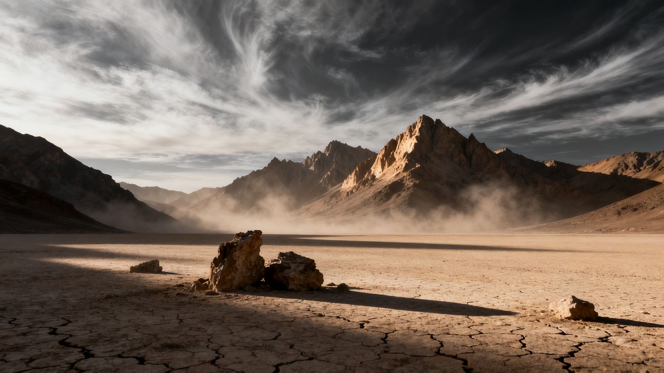 Desolate wasteland with mountains under a dramatic sky.