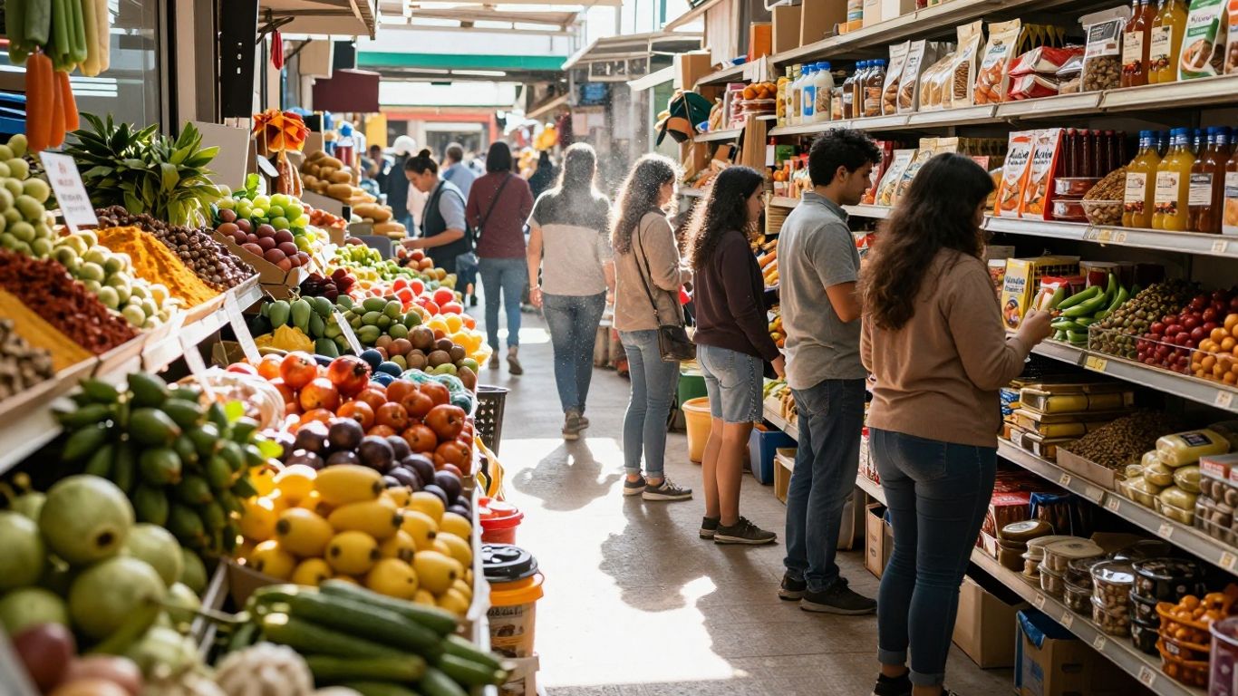 Colorful international market aisle with produce and spices.