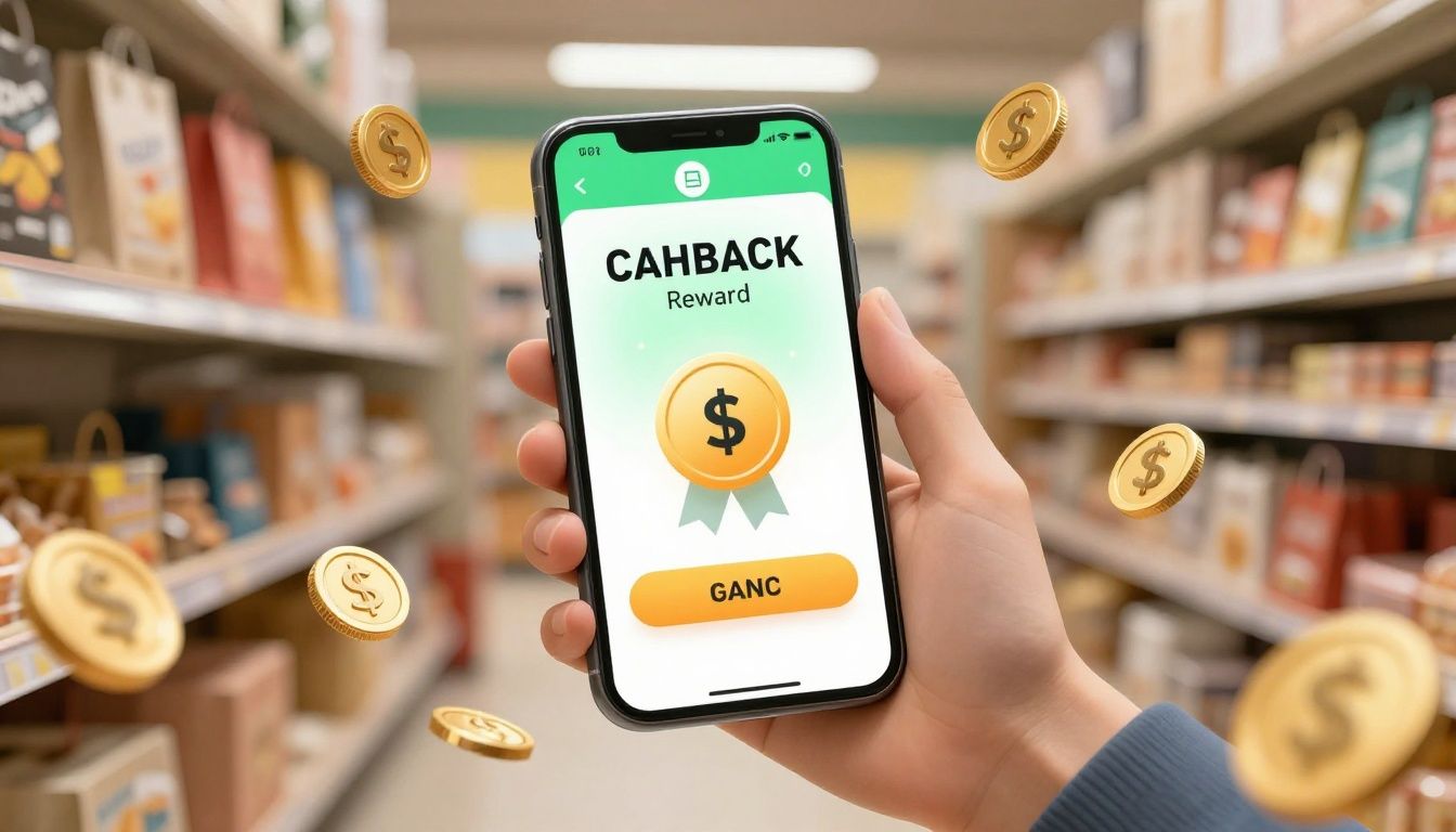 Smartphone showing cashback reward with floating coins and dollar signs.