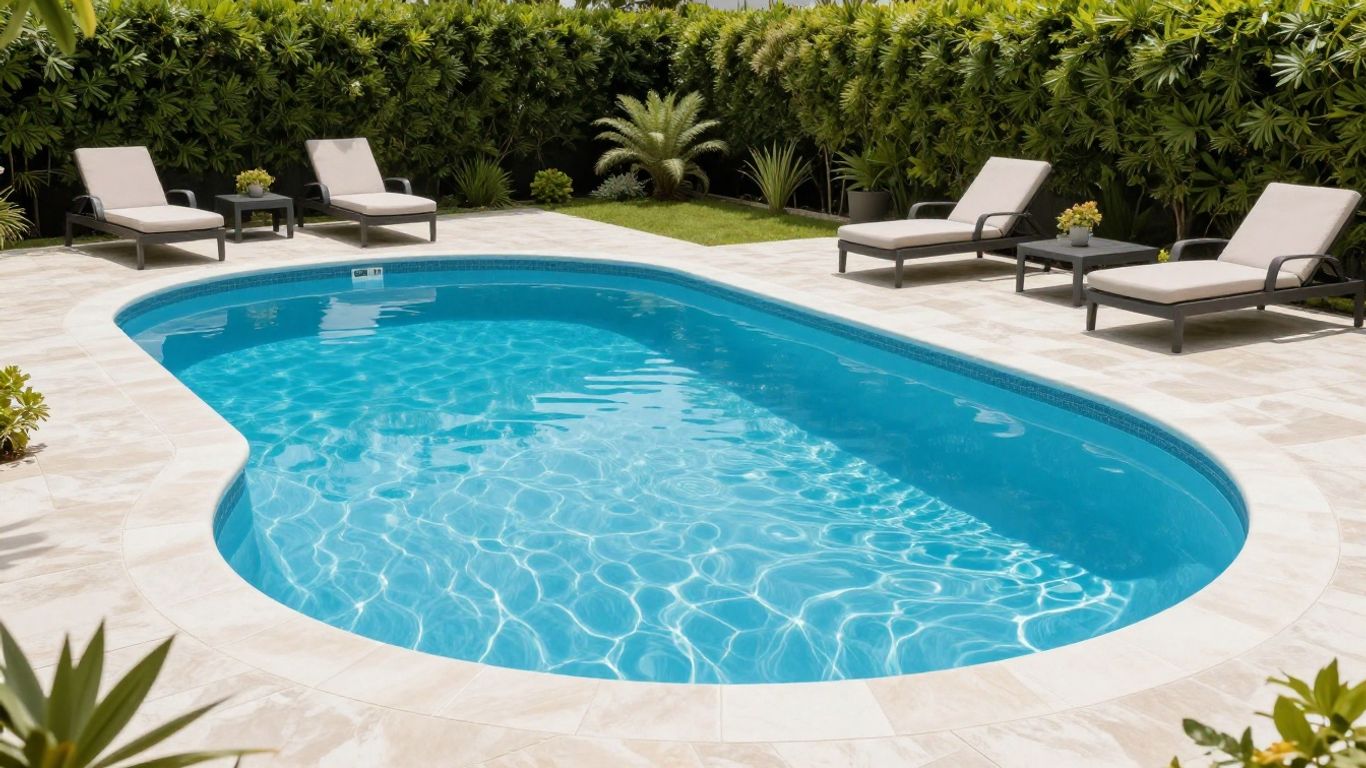 Latham fiberglass pool in a sunny backyard with landscaping.