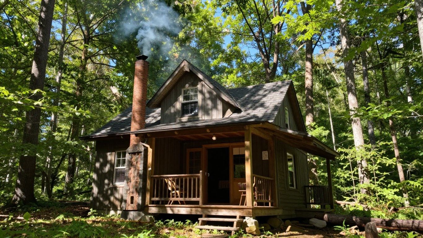 Off-grid cabin in a serene Ohio forest setting.