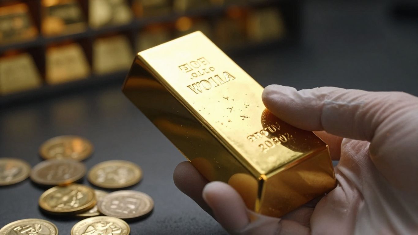 一只手放在箱子和金币前的一根金条上。