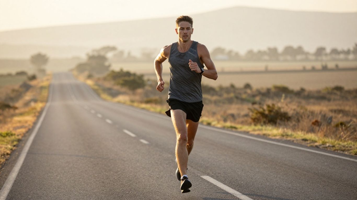 Runner training for a half marathon on a scenic road.
