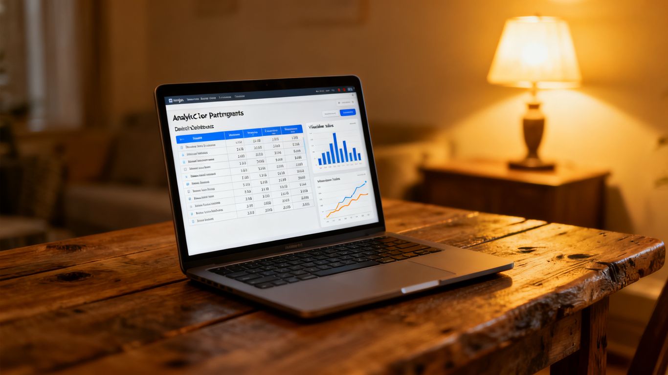 An open laptop on a table, displaying an analytical creator partnership dashboard showcasing individual video sales data.