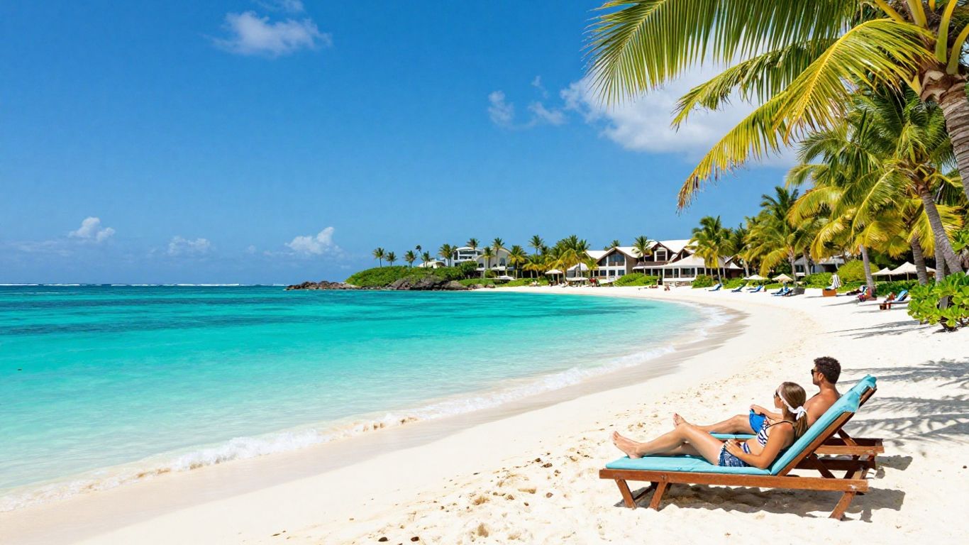 Tropical beach with resort and relaxing couple.