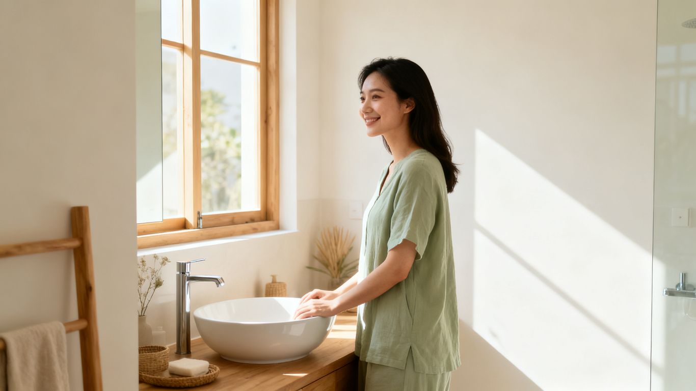 Femme souriante dans un espace naturel serein