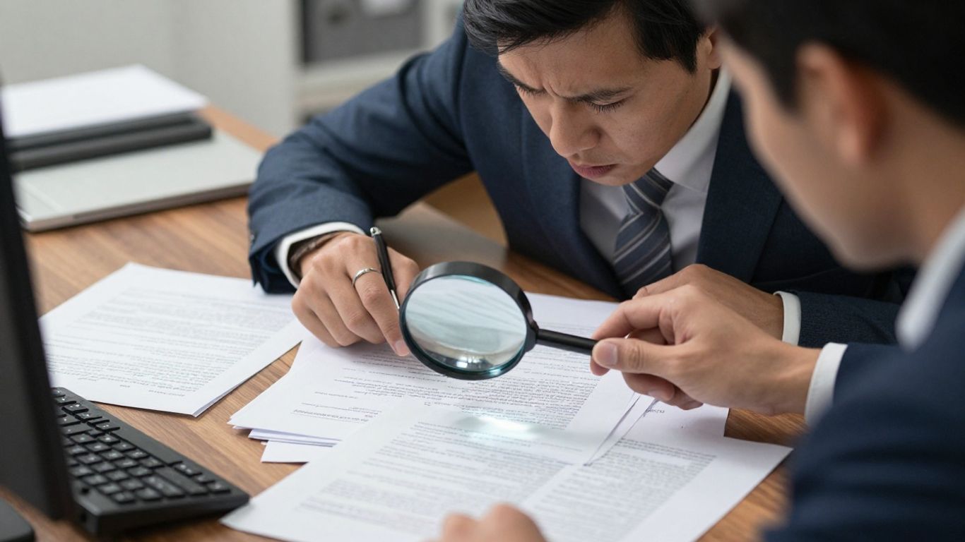 Professional services office with legal documents and magnifying glass.