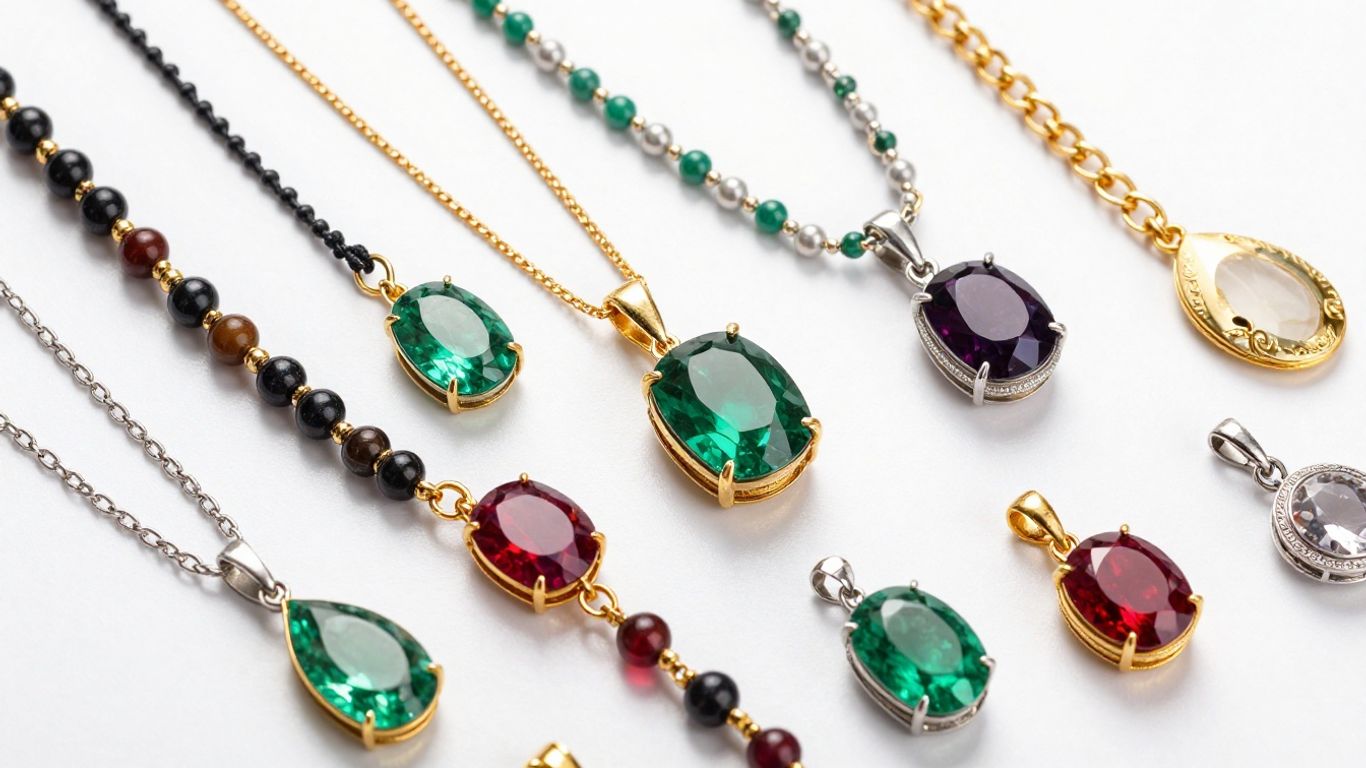 Assortment of gemstone necklaces with gold and silver chains.
