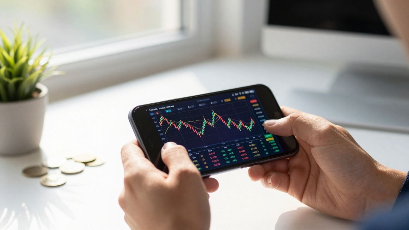 Hands holding smartphone with abstract financial market display.