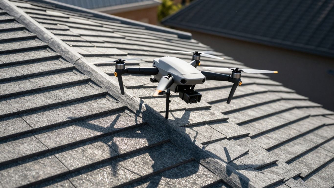 Drone measuring a detailed roof from above.