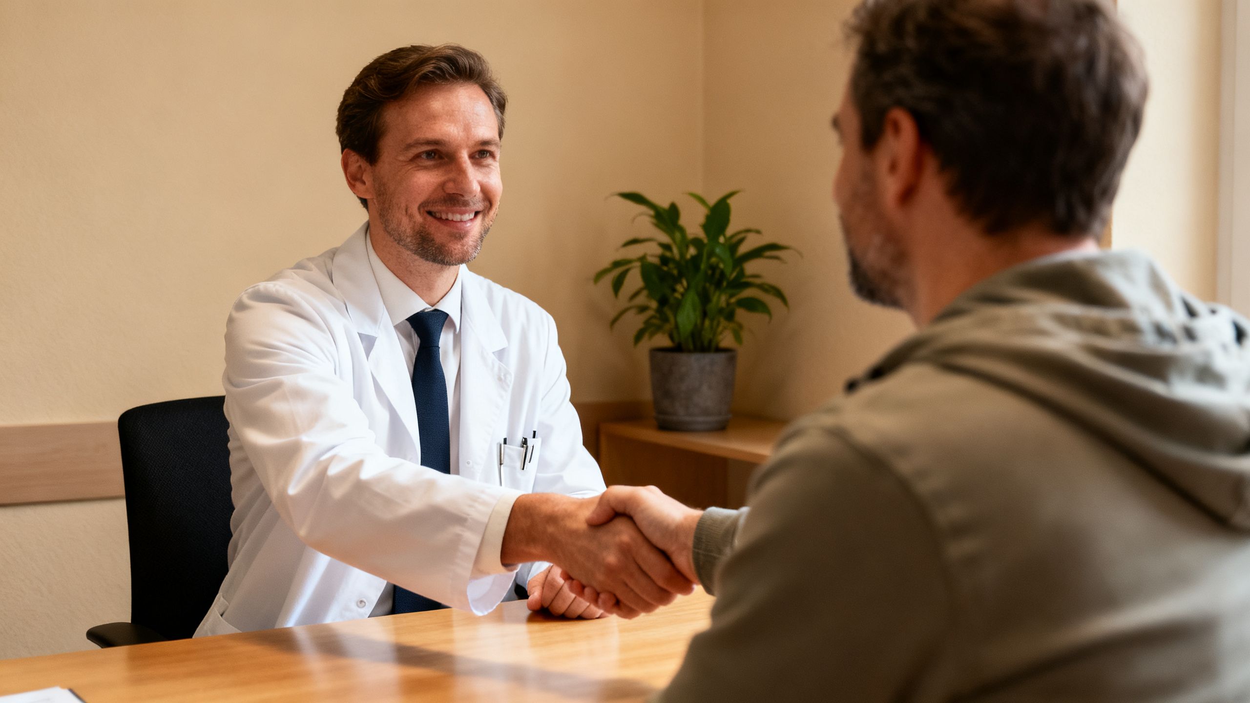 Dr. Manuel Vogt shaking hands with a patient in his office