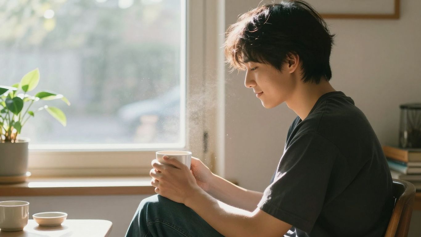 Frau genießt helles Morgenlicht am Fenster mit einer Tasse.
