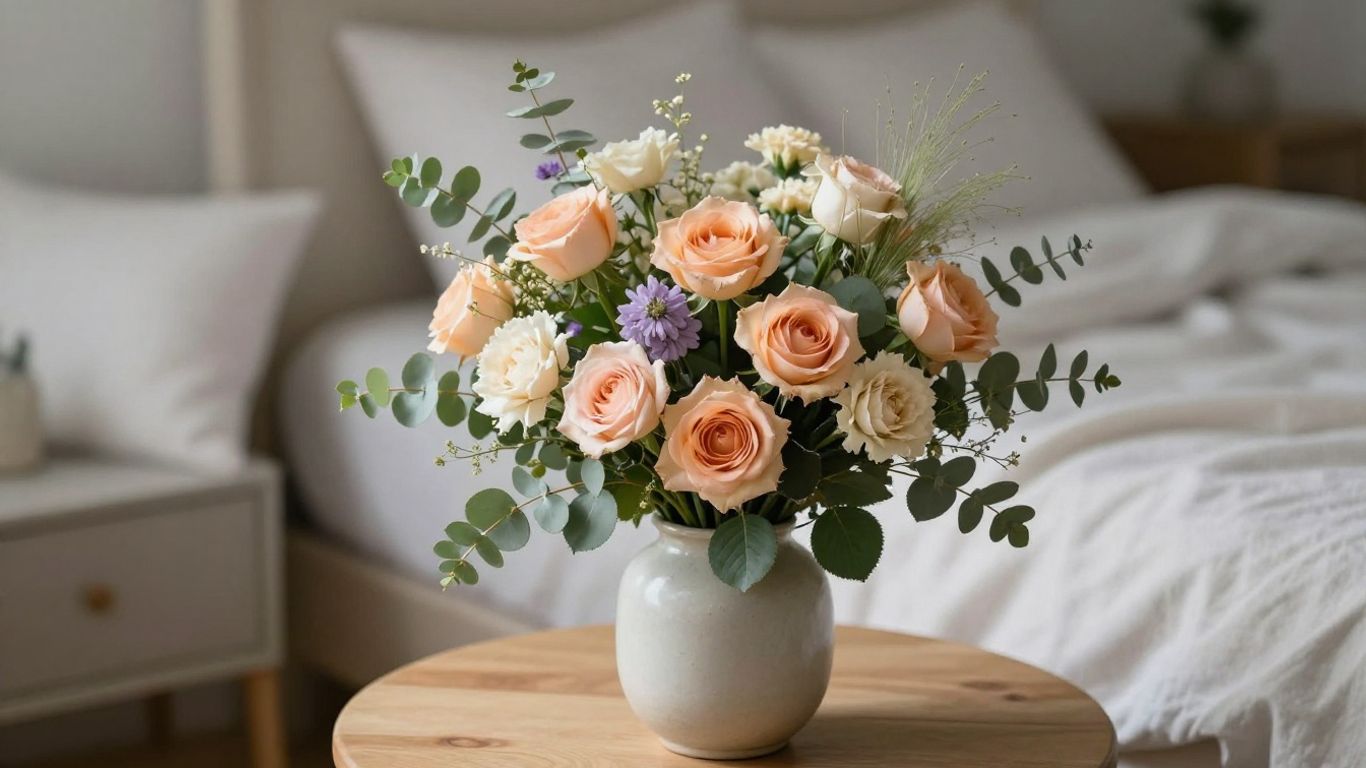 Soft mixed bouquet resting in a sunlit room