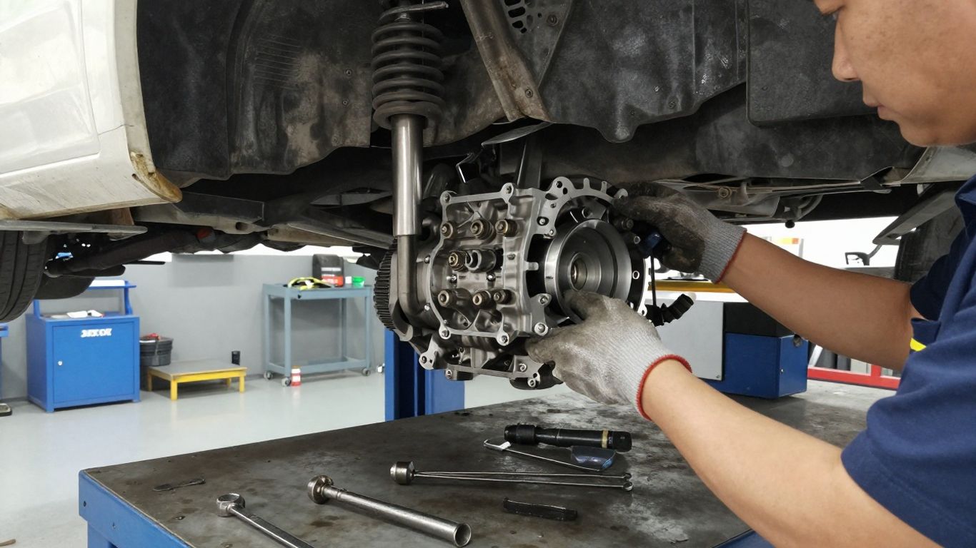 Technician inspecting a vehicle gearbox in workshop