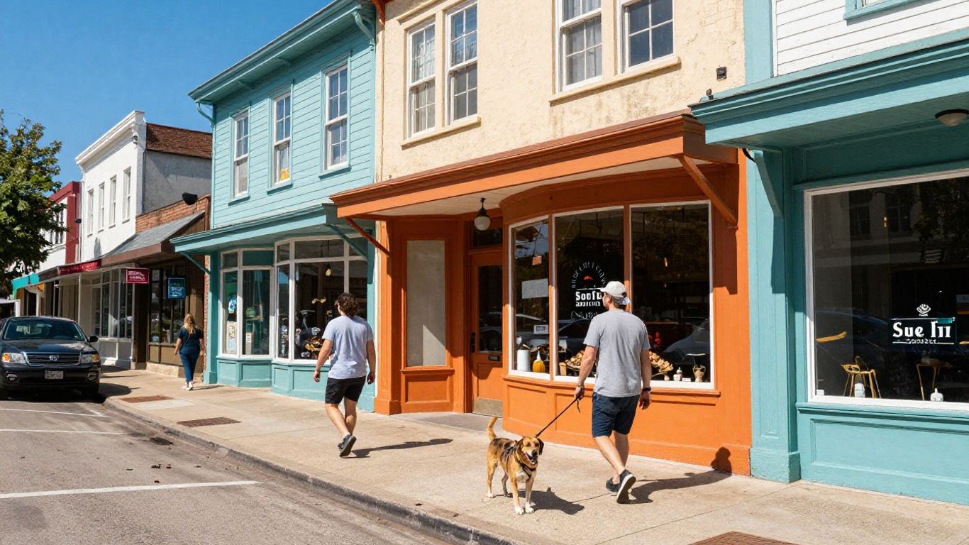South Congress street with colorful buildings and a dog