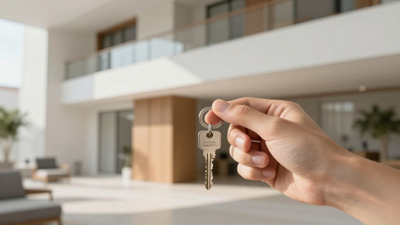 Chave de casa em frente a um prédio moderno em Portugal.