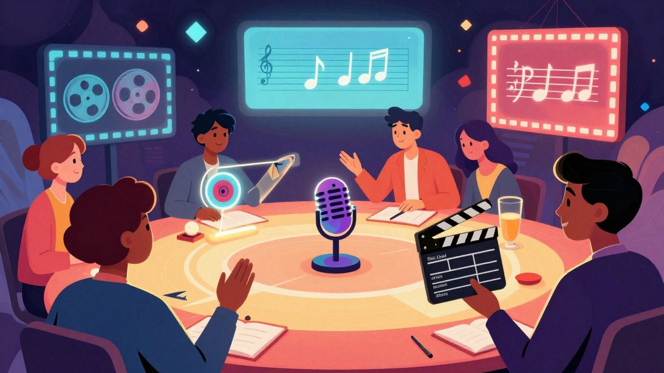 Diverse people in a game-like setting with entertainment icons.