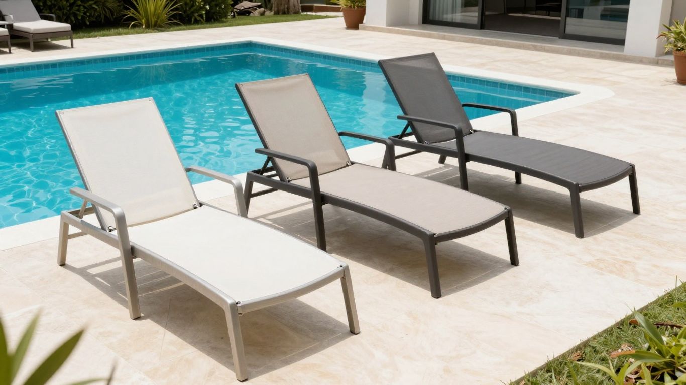 Pool lounger materials beside clear blue water