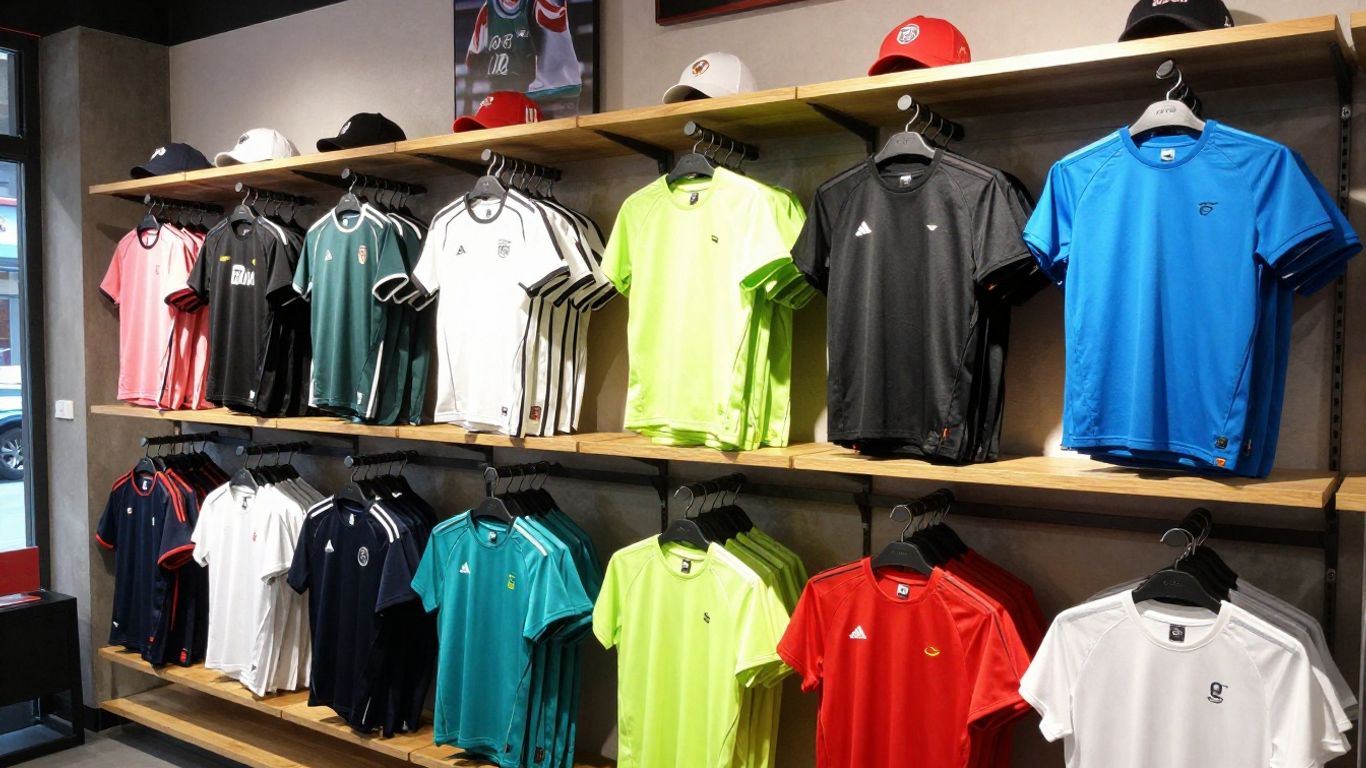 Sports apparel and fan merchandise on display.