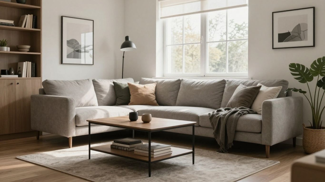 Sala de estar moderna con muebles elegantes y pertenencias personales.