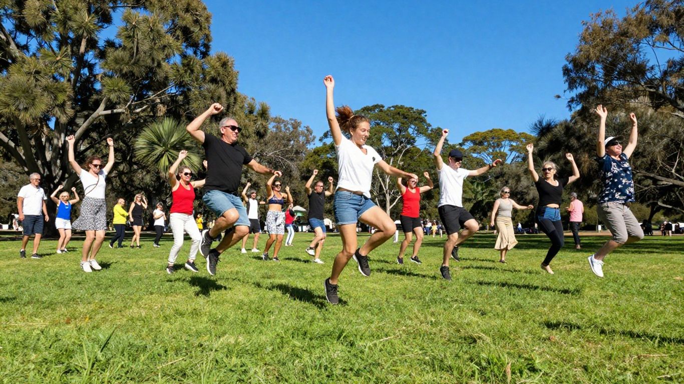 Aussies dancing joyfully in a sunny park.
