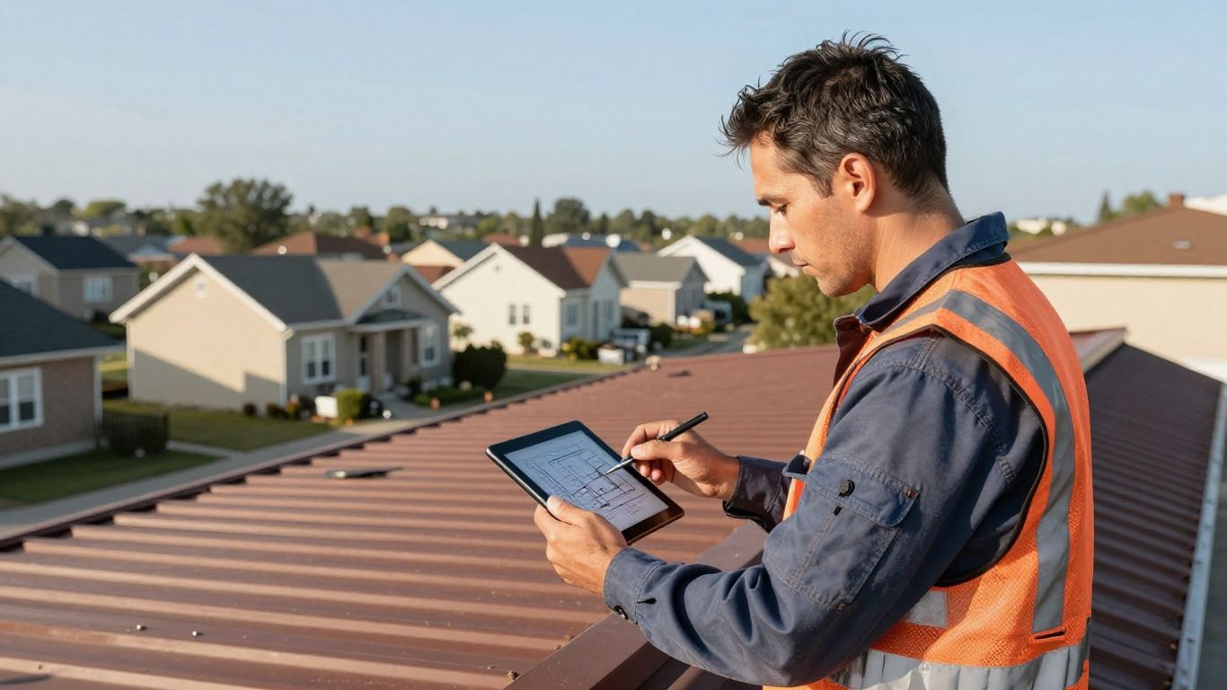 Detailed technician assessing house roof
