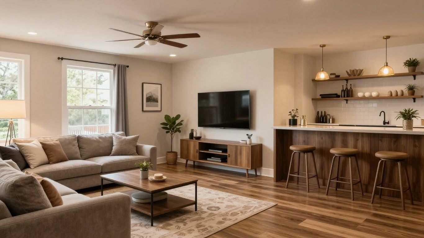 Finished basement living area with bar and entertainment center.