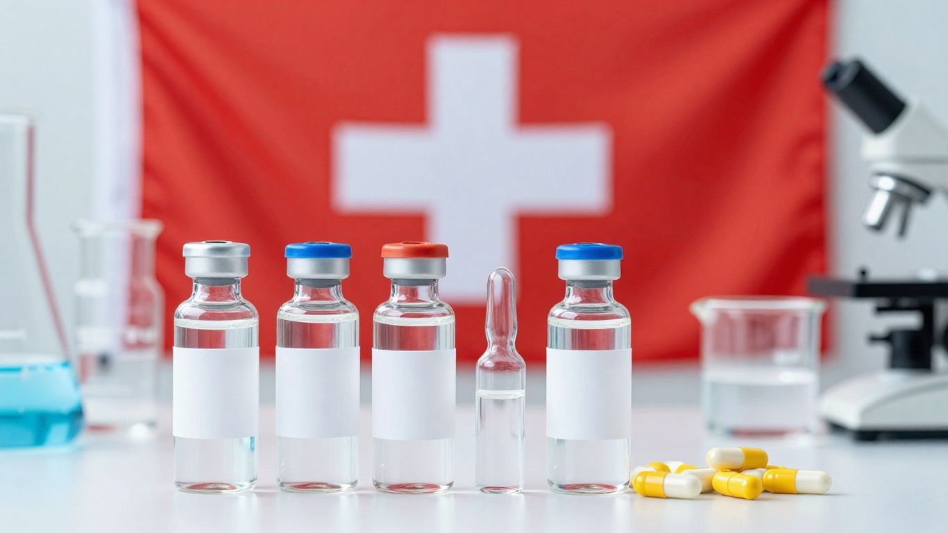 Swiss flag behind lab vials and capsules