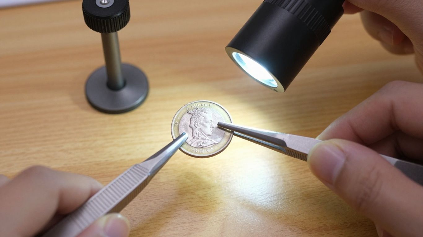 A close-up studio photograph of an error coin under magnification