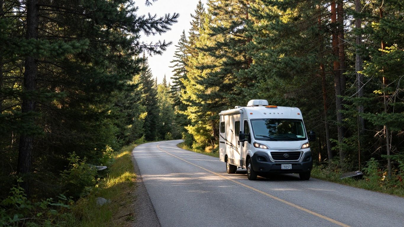 RV parked in a scenic Canadian forest.