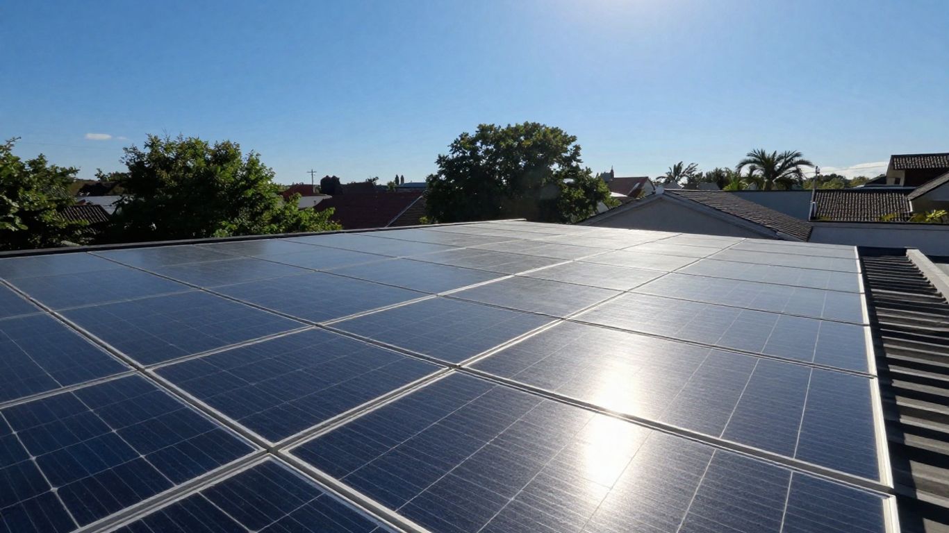 Panneaux solaires sur un toit sous le soleil.