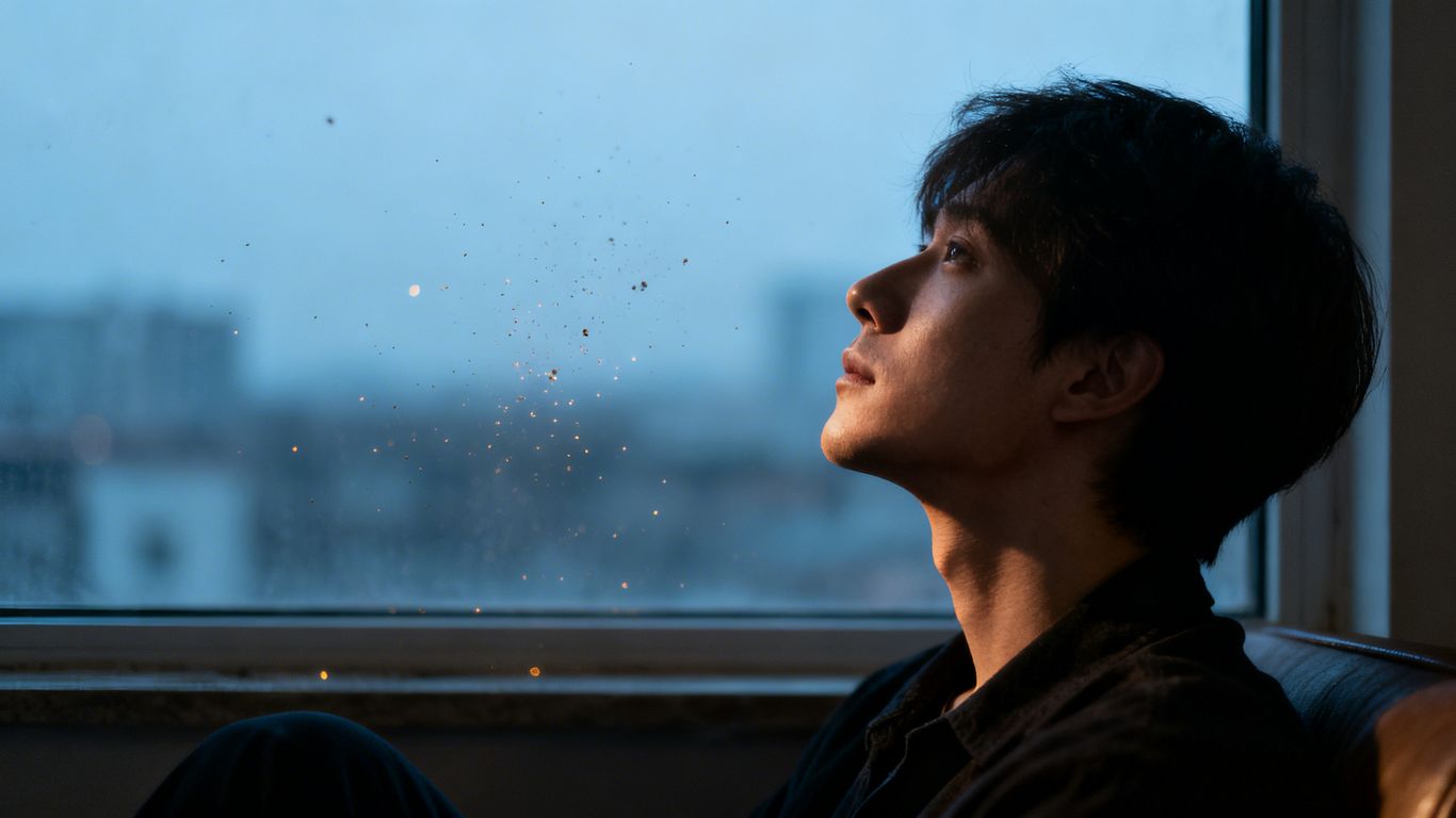 Person looking out window during global shutdown.