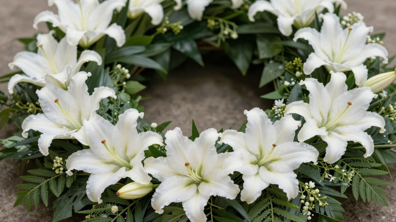 Funeral flowers in Melbourne: lilies and greenery wreath.