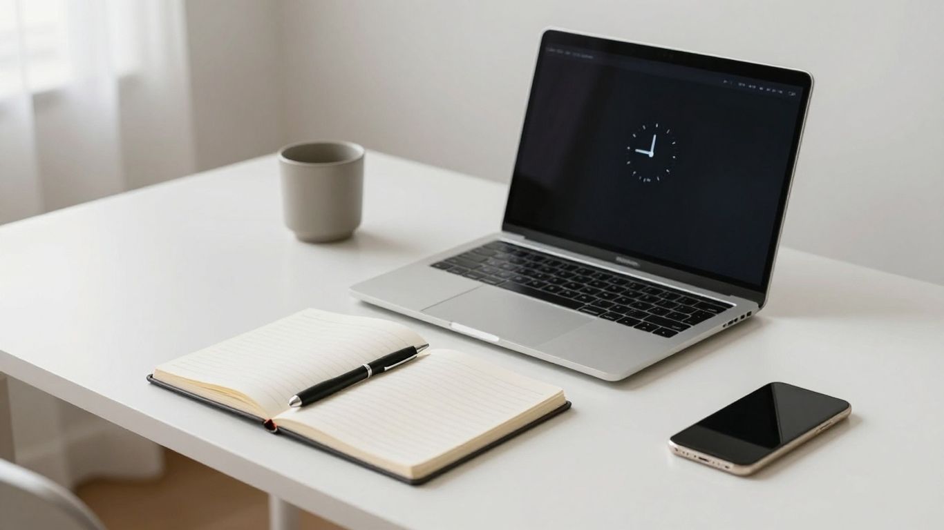 Desk with laptop timer, notebook, and pen.