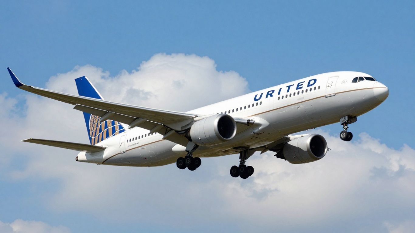 United Airlines airplane flying in a blue sky.