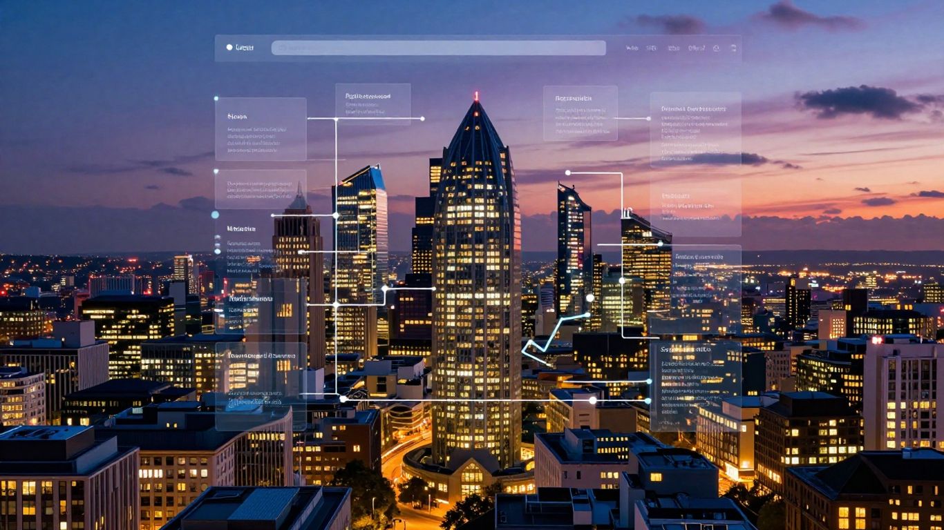 Modern UK cityscape with digital website elements.