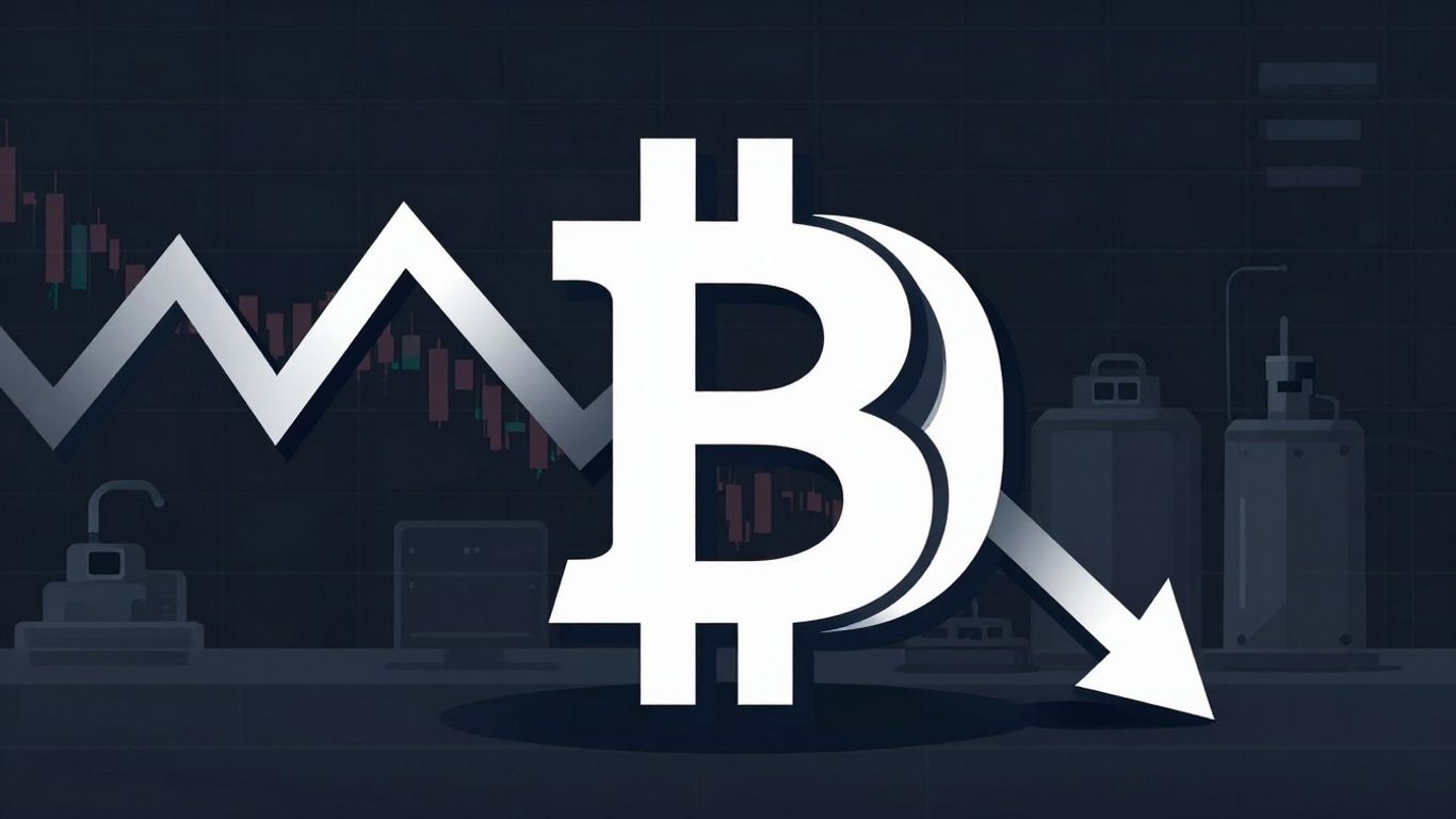 Bitcoin symbol with a downward arrow, market downturn.