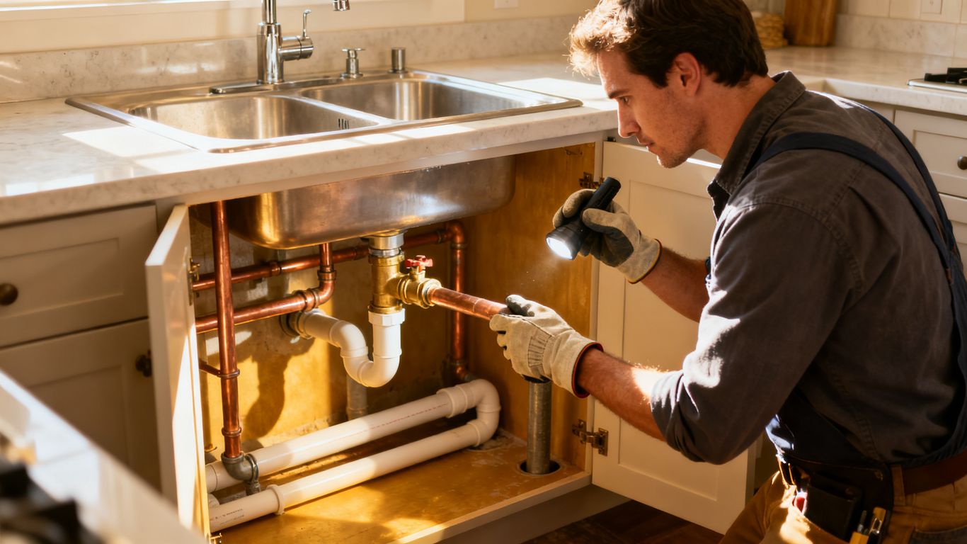 Plumber inspecting residential pipes beneath a kitchen sink